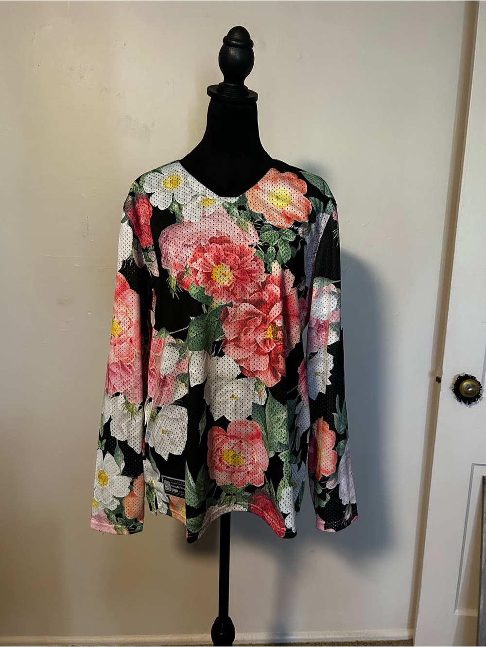 Primitive Black Long Sleeve V-Neck Top with Pink, White & Green Floral Print